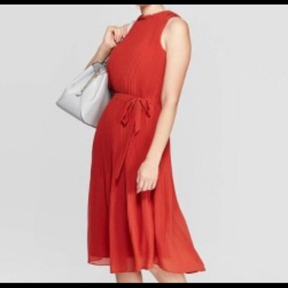 a new day Dresses & Skirts - Red burnt orange pleated short sleeve midi dress NWOT